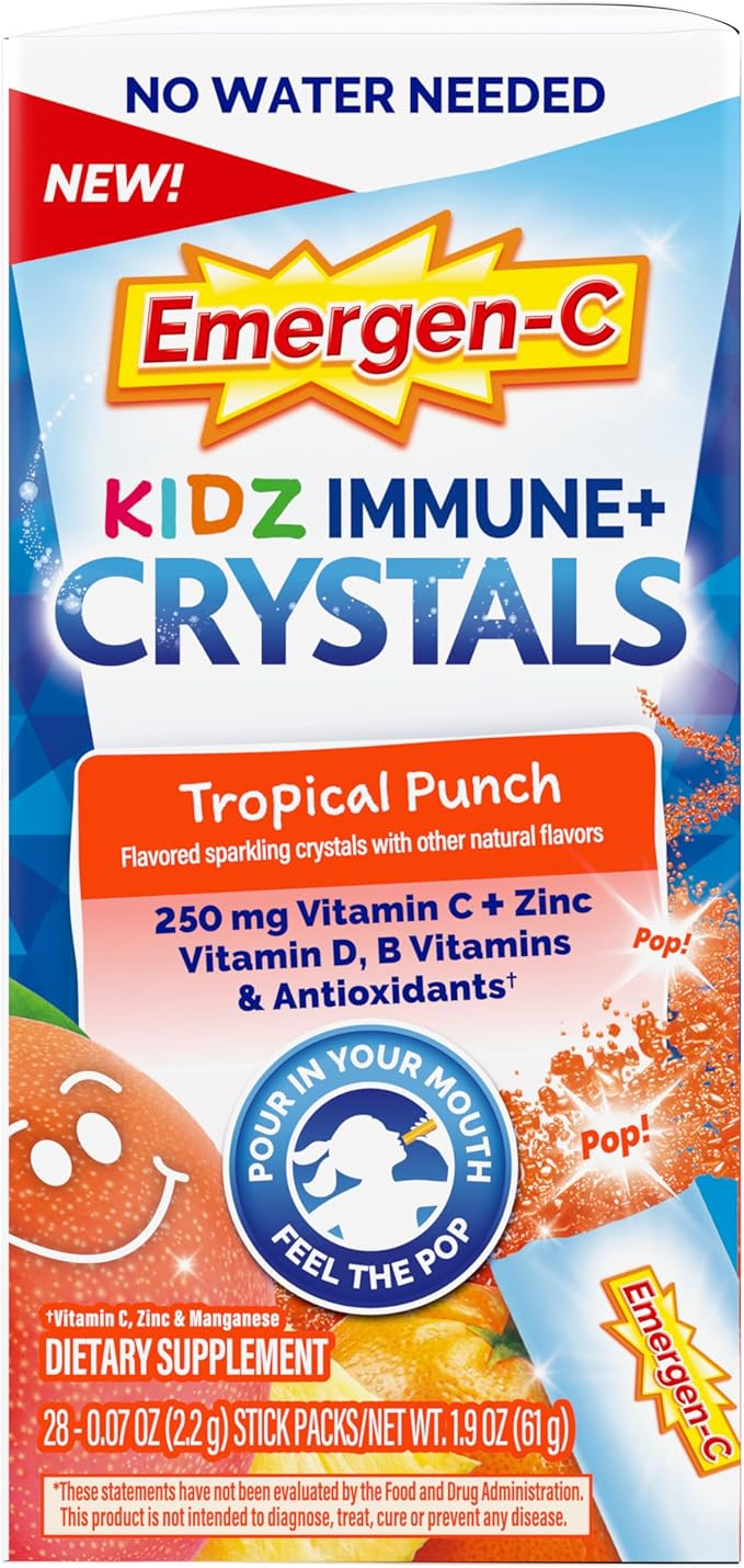 Emergen-C Kidz Immune Plus Crystals, On-The-Go Immune Support Supplement with Vitamin C, Vitamin D, B Vitamins, Zinc and Manganese, Tropical Punch - 28 Stick Packs