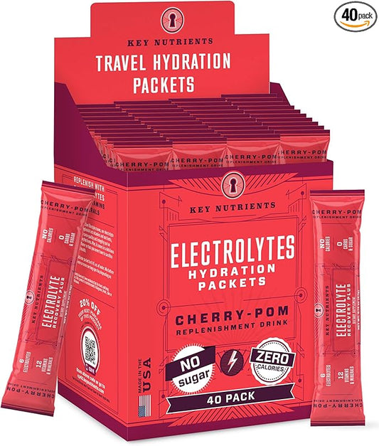 KEY NUTRIENTS Multivitamin Electrolytes Powder Packets - Sweet Cherry-Pom 40 Pack Hydration Packets - Travel Hydration Powder - No Sugar, No Calories, Gluten Free - Made in USA