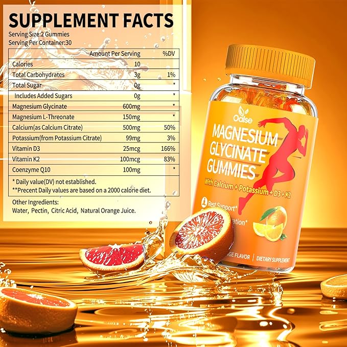 Magnesium Glycinate Gummies 600mg, Sugar Free Magnesium Potassium Supplement with Calcium, Vitamin D3, K2, CoQ10 for Adults and Kids, Stress & Muscle Relief, Orange (60 CT)