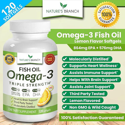 Best Triple Strength Omega 3 Fish Oil Pills 2400mg | 120 Capsules | Burpless High Potency Lemon Flavor | 864mg EPA 576mg DHA Ultra Pure Liquid Softgels | Brain Joints Eyes Hair Heart Health Supplement