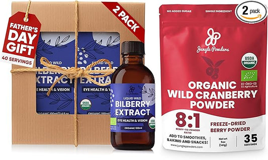 Father's Day Gift for Grandpa - USDA Organic Wild Bilberry Extract Bundle 2x3.4oz Liquid Extract + Organic Wild Cranberry Powder 5oz - Wellness Gift for Eyes & Superfood Extract