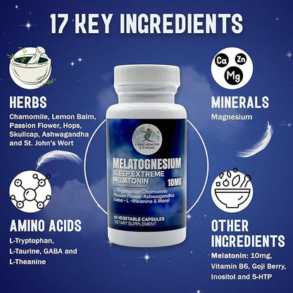 17 in 1 Capsules Melatonin Natural Sleep Aid for Adults. Magnesium for Sleep Support - Drug-Free, Non-Habit Forming, Vegan Capsules. Sleep Supplement