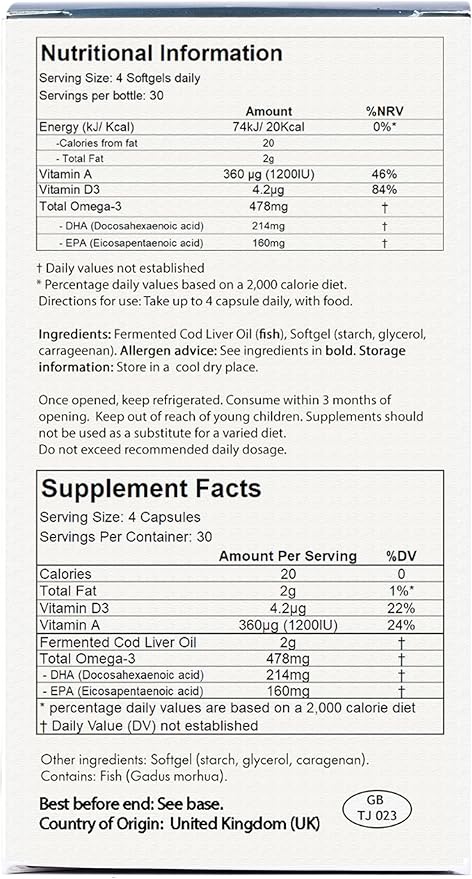 Fermented Cod Liver Oil - Cold Processed, Lacto-Fermented & Raw Cod Liver Oil - Made Exclusively with Atlantic Cod (Unflavoured, 120 Capsules)