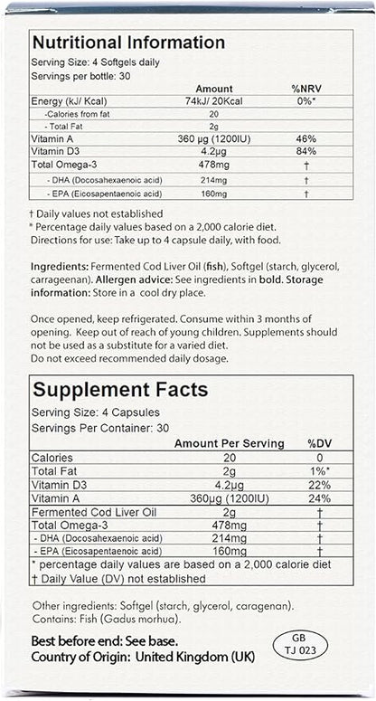 Fermented Cod Liver Oil - Cold Processed, Lacto-Fermented & Raw Cod Liver Oil - Made Exclusively with Atlantic Cod (Unflavoured, 120 Capsules)