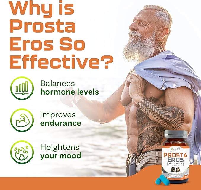 ProstaEros- Prostate Support Supplement - 7 Natural Ingredients - Black Maca, Saw Palmetto, Mashua, Cat's Claw, Gingseg, Black Nettle and Zinc Capsules 90 Count (Pack of 1)