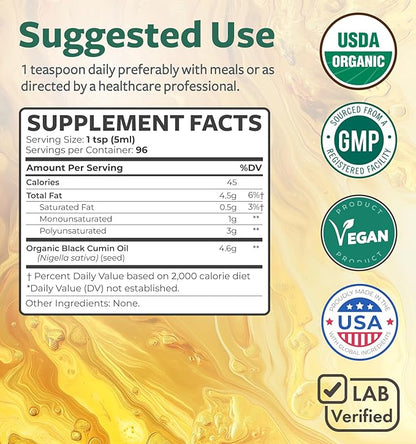 USDA Organic Black Seed Oil Liquid (16 fl oz) Premium Cold-Pressed Nigella Sativa Producing Pure Black Cumin Seed Oil - Antioxidant Supplement - Vegan, Gluten-Free, & Non-GMO (No Pills or Capsules)