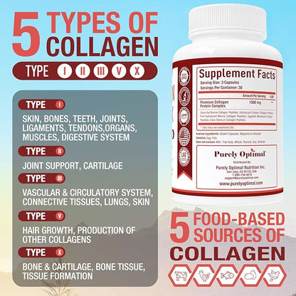 Purely Optimal Premium Multi Collagen Peptides Capsules (Types I, II, III, V, X) + Premium Hair Vitamins Supplement-Gummy Vitamins w/Biotin, Folic Acid, Vitamins A&D
