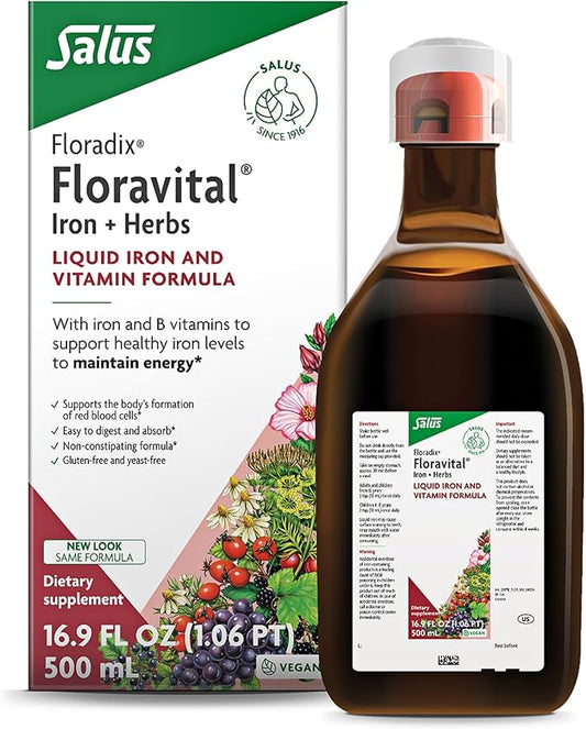 Floradix Floravital Liquid Iron & Vitamins Formula - Liquid Iron Supplement with B Complex Vitamins, Vitamin C & Herbs for Energy Support - Vegan, Gluten-Free, Yeast- Free, Non-GMO - 16.9 Fl Oz