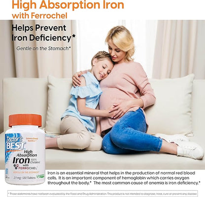 Doctor's Best High Absorption Iron Tablet with Ferrochel, Gentle on The Stomach, Immune Health, Blood Health, 27 mg (Pack of 2)