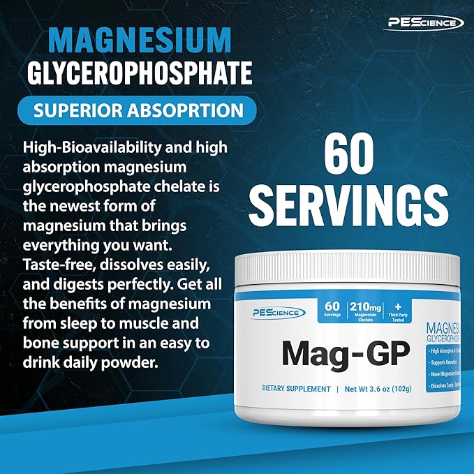PEScience Mag-GP, Magnesium Glycerophosphate Chelate, 60 Servings, High Absorption, Improved Sleep, Stress Relief & Cramp Support