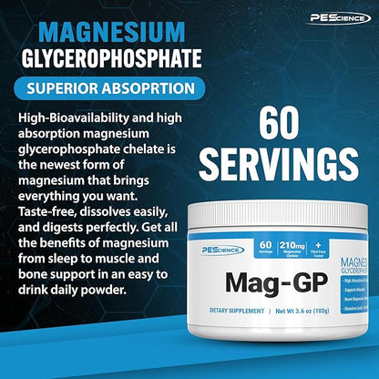 PEScience Mag-GP, Magnesium Glycerophosphate Chelate, 60 Servings, High Absorption, Improved Sleep, Stress Relief & Cramp Support