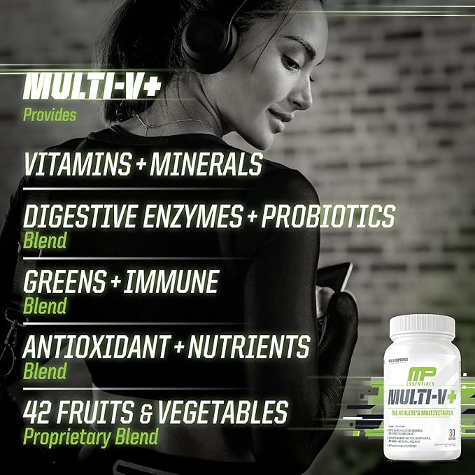Muscle Pharm Essentials Multi-V+, The Athlete's Multi-Vitamin, Enhanced Energy, Performance & Immune Health, Daily Multivitamin for Men & Women with Minerals Plus Probiotics, 90 Tablets, 30 Servings