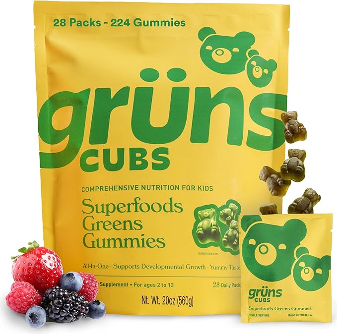 Gruns Kids Vitamins, Super Greens Gummies - Superfood Gummy Bears with Spirulina, Chlorella, Prebiotics Fiber for Digestive Health, Adaptogens Supplement with 20 Vitamins & Minerals, 28 Day Supply