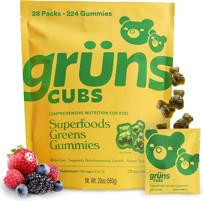 Gruns Kids Vitamins, Super Greens Gummies - Superfood Gummy Bears with Spirulina, Chlorella, Prebiotics Fiber for Digestive Health, Adaptogens Supplement with 20 Vitamins & Minerals, 28 Day Supply