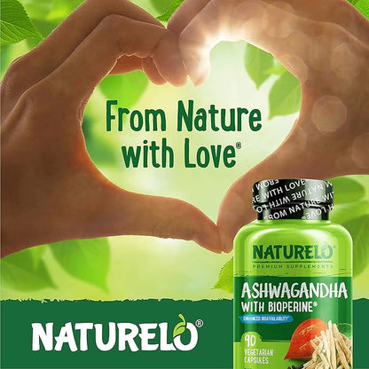 NATURELO Ashwagandha Organic Root Powder - Natural Herbs Supplement for Fatigue, Stress Relief, Mood Enhancer - with Black Pepper Extract - 90 Vegan Capsules