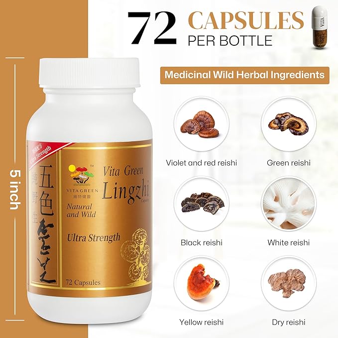 Vita Green Reishi Mushroom Capsules for Energy, Memory, and Immune Support – Pure Reishi Supplement with Natural Antioxidants for Daily Wellness and Energy – 72 Capsules