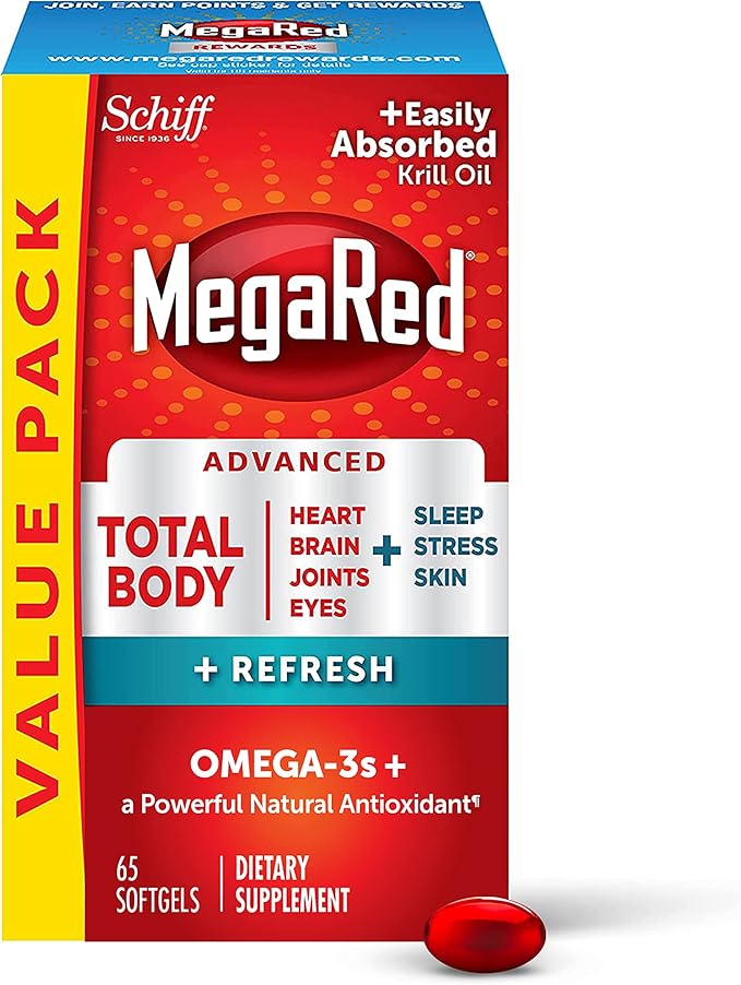 Omega-3 Blend Total Body + Refresh 500mg Softgels, MegaRed (65 count in a bottle), Easily Absorbed Krill Oil, To Support Your Heart, Joints, Brain & Eyes