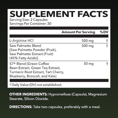 L-Arginine 500mg and Saw Palmetto 500mg - Nitric Oxide and Prostate Health Supplements for Men - 60 Count - Endurance and Urinary Tract Function Support - 1 Month Supply - Vegan, Non-GMO Capsules