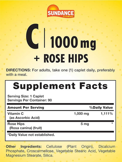 Sundance Vitamin C 1000mg with Rose HIPS | 90 Vegetarian Caplets | Essential Vitamin | Vegetarian, Non-GMO, and Gluten Free Supplement