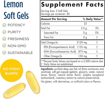 Nordic Naturals ProOmega 2000, Lemon Flavor - 2150 mg Omega-3 - 60 Soft Gels - Ultra High-Potency Fish Oil - EPA & DHA - Promotes Brain, Eye, Heart, & Immune Health - Non-GMO - 30 Servings