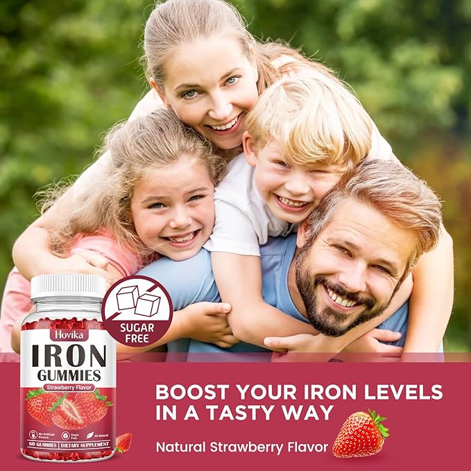Iron Gummies Supplement for Women & Men, Kids Iron Supplements for Anemia with Vitamin C, B12, Folate - Blood Builder & Energy Support for Iron Deficiency - Sugar Free Strawberry Flavor, 60 Gummies