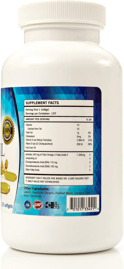 Cod Liver Oil Capsules - Premium Certified Pure and Fresh - Triple Strength - Heart Healthy - 120 Softgels - Natural Supplement - 240mg of Omega 3 Fatty Acids - No Fishy Taste!