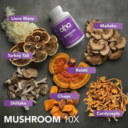 10X Mushroom Supplement, 10 Mushroom Blends Formula, Lions Mane, Turkey Tail, Cordyceps, Reishi, Chaga & More, Immune & Energy Support, 30 Servings, GMO Free