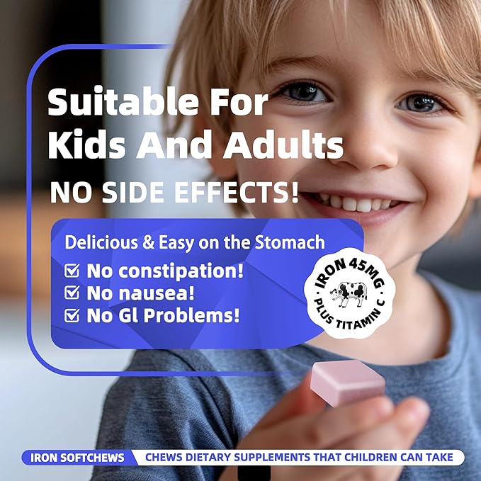 Iron Soft Chew Supplement with Vitamin C | Blueberry Flavored | Gluten Free | Iron Supplement for Women Men and Kids | 60 Count | 2 Month Supply