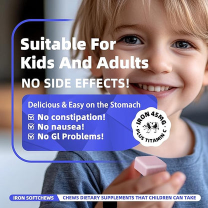 Iron Soft Chew Supplement with Vitamin C | Blueberry Flavored | Gluten Free | Iron Supplement for Women Men and Kids | 60 Count | 2 Month Supply