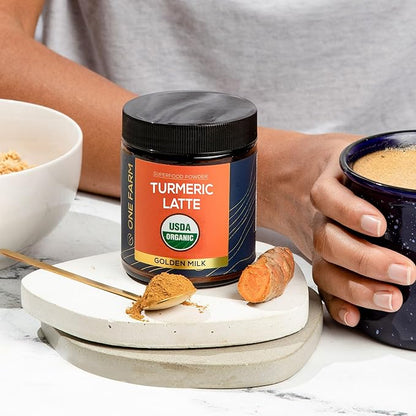 Turmeric Latte Powder - USDA Organic >5% Curcuminoid Turmeric, Lions Mane, Ashwagandha, Ginger, Cinnamon in a Resealable Glass Jar, 45 Servings - Perfect for Making Golden Milk