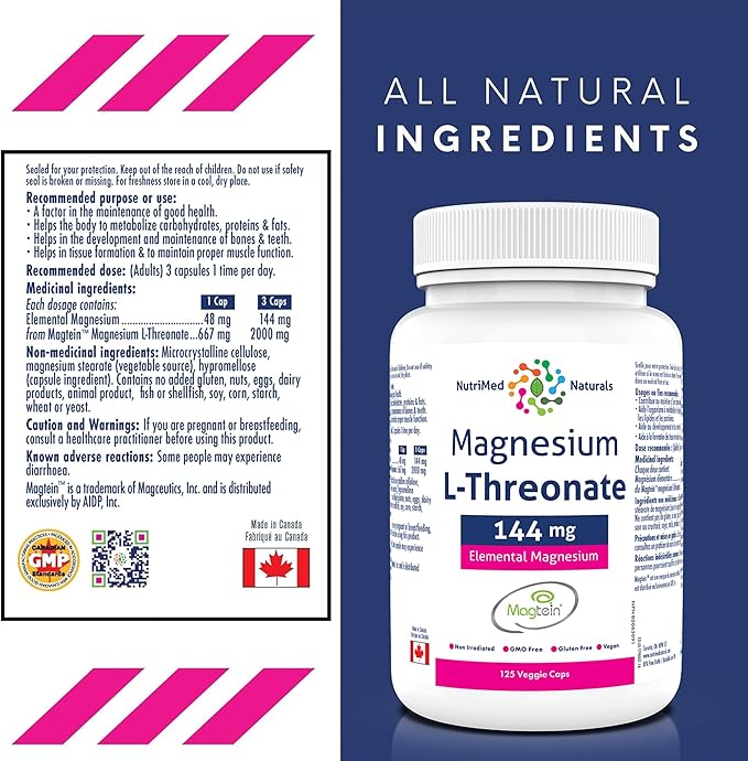 Elemental Magnesium L-Threonate Supplement 144mg 125 Caps - Magtein Magnesium L-Threonate Capsules - Nutrimed Naturals - 3rd Party Tested