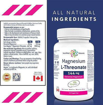 Elemental Magnesium L-Threonate Supplement 144mg 125 Caps - Magtein Magnesium L-Threonate Capsules - Nutrimed Naturals - 3rd Party Tested