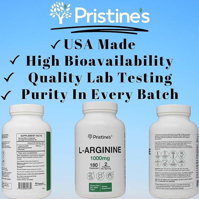 PRISTINE'S L Arginine Supplements for Men & Women - 1000mg Capsules 90 Day Supply Blood Flow & Pre Workout Amino Acid Support