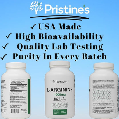 PRISTINE'S L Arginine Supplements for Men & Women - 1000mg Capsules 90 Day Supply Blood Flow & Pre Workout Amino Acid Support