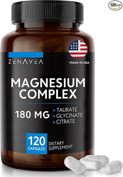 Triple Magnesium Complex Supplement (120 Vegan Capsules) - 180mg of Magnesium Glycinate Taurate and Citrate - Calm Magnesium Complex Supplements