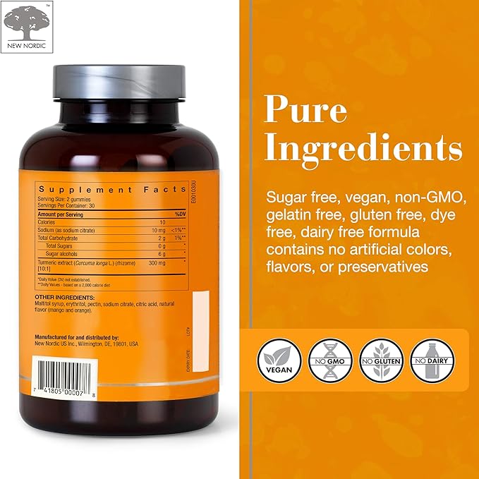 NEW NORDIC Turmeric Curcumin Gummies, Sugar Free, 300 mg Turmeric Supplement for Men and Women, Supports Normally Functioning Joints, Knees, Shoulders, Mango Orange, 60 Count