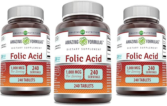 Amazing Formulas Folic Acid 1000 mcg (1 mg) Tablets Supplement | Vitamin B9 | Non-GMO | Gluten Free | Made in USA (240 Count | 3 Pack)