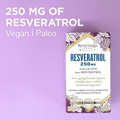 Reserveage Beauty Resveratrol 250 mg - Best Trans-Resveratrol - Vegan Antioxidant Supplement for Cellular & Heart Health - Aids Healthy Aging & Immune Health - 60 Vegetable Capsules (60 Servings)