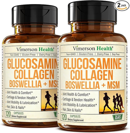 Glucosamine Chondroitin MSM with Collagen Powder. Joint Support Supplement. Bromelain, Quercetin, L-Methionine & Boswellia Extract capsules. Joint Supplement + Hair Skin and Nails Vitamins. 2 Pack