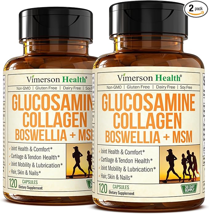 Glucosamine Chondroitin MSM with Collagen Powder. Joint Support Supplement. Bromelain, Quercetin, L-Methionine & Boswellia Extract capsules. Joint Supplement + Hair Skin and Nails Vitamins. 2 Pack