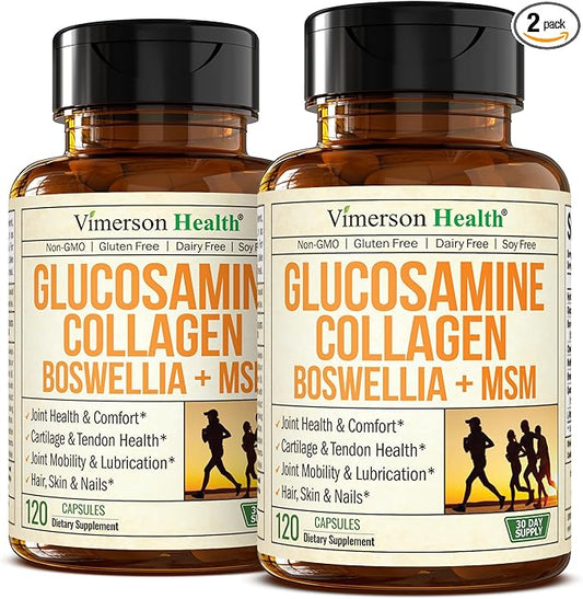 Glucosamine Chondroitin MSM with Collagen Powder. Joint Support Supplement. Bromelain, Quercetin, L-Methionine & Boswellia Extract capsules. Joint Supplement + Hair Skin and Nails Vitamins. 2 Pack