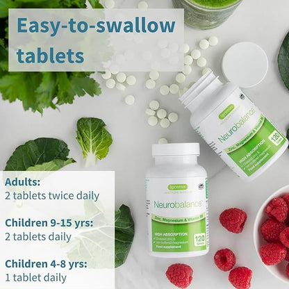 Igennus Neurobalance, High Absorption Zinc Magnesium Vitamin B6 Supplement, Non-GMO, Brain, Immune, Sleep & Muscle Recovery, Chelated Zinc Picolinate 24mg, Oxide-Free Magnesium, Vegan,120 Tablets