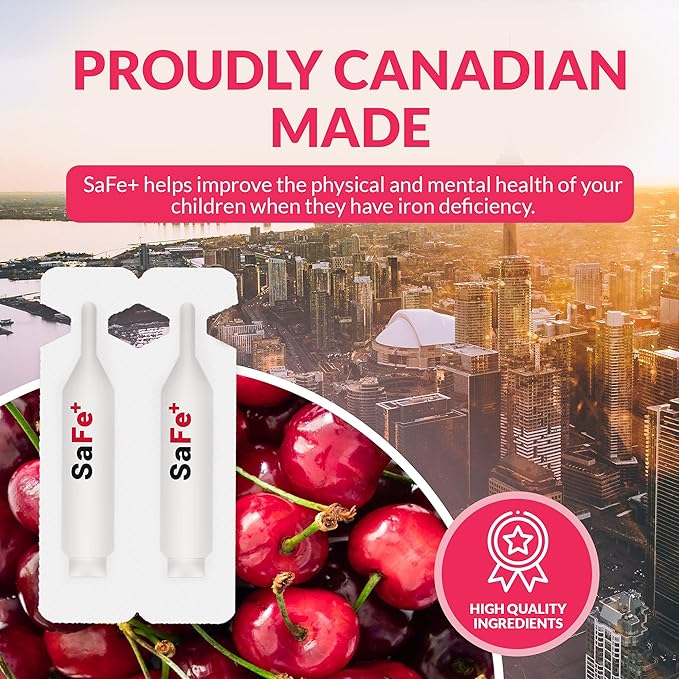 SaFe+ Liquid Iron for Children | Great Tasting Cherry Flavor | Easy to Use 20mg/2mL Iron per ampule | 30 Unit-Doses (2 ml Each) I Sugar Free & Allergen Free I Maintain Physical & Mental Wellbeing