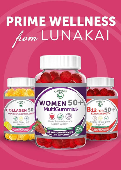 Lunakai USA Made Collagen Gummies for Women & Men Over 50, Biotin & Vitamin C, Supports Skin Elasticity, Hair & Nail Strength, Joint Support, 60ct