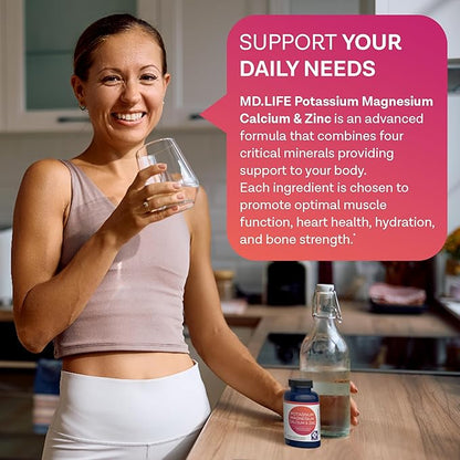 MD. Life Potassium Magnesium Zinc Calcium Supplement – Supports Bone Health & Muscle Health – Promotes Calcium Absorption and Immune Function – Magnesium Potassium Zinc Aspartate - 120 Capsules