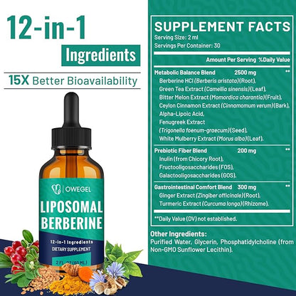 Berberine HCL Supplement with Ceylon Cinnamon - Highly Absorbable Liposomal Berberine Liquid Drops 3000mg- 12 in 1 Natural Ingredients - AMPK Activator - 2 Fl Oz