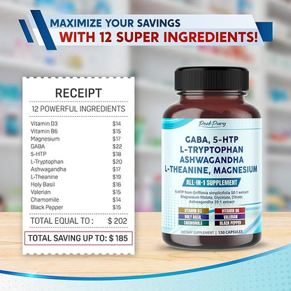 GABA, 5-HTP L-Tryptophan Ashwagandha Chamomile L-Theanine Magnesium - Made in USA