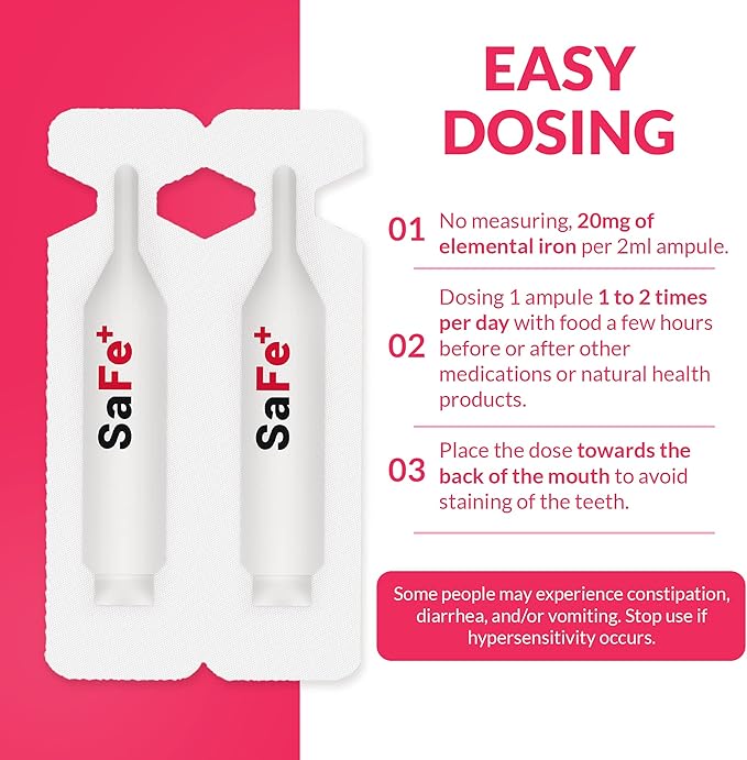 SaFe+ Liquid Iron for Children | Great Tasting Cherry Flavor | Easy to Use 20mg/2mL Iron per ampule | 30 Unit-Doses (2 ml Each) I Sugar Free & Allergen Free I Maintain Physical & Mental Wellbeing
