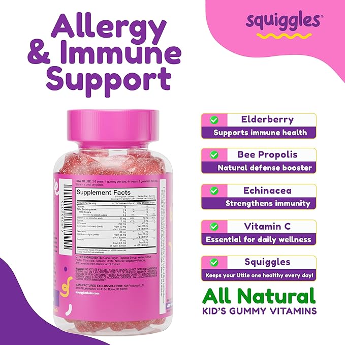 Squiggles Sniffle Berries Elderberry Gummies with Bee Propolis & Echinacea, Kids Immune Booster, Propolis Gummies for Health, Toddler Vitamins for Immune Support, Tasty Chewy Gummy (100 Count)