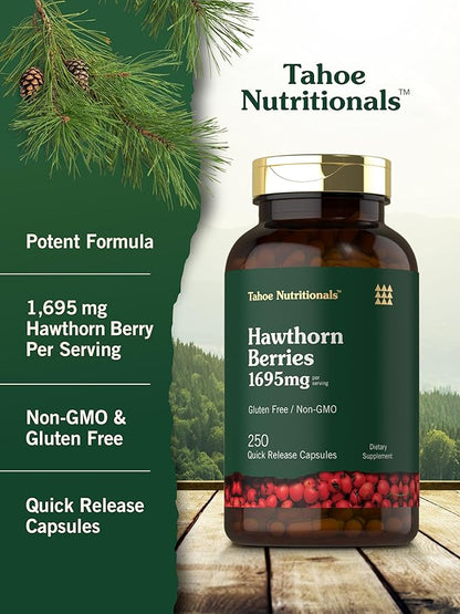 Tahoe Nutritionals Hawthorn Berry Capsules | 1695mg | 250 Capsules | Non-GMO, Gluten Free Extract